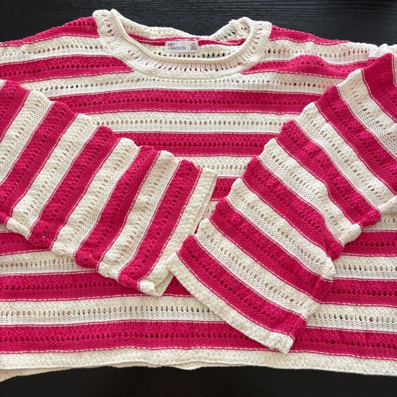89th & Madison Stripe Pointelle Stitch Pullover Raspberry Sorbet Size Large NWT - Picture 7 of 7